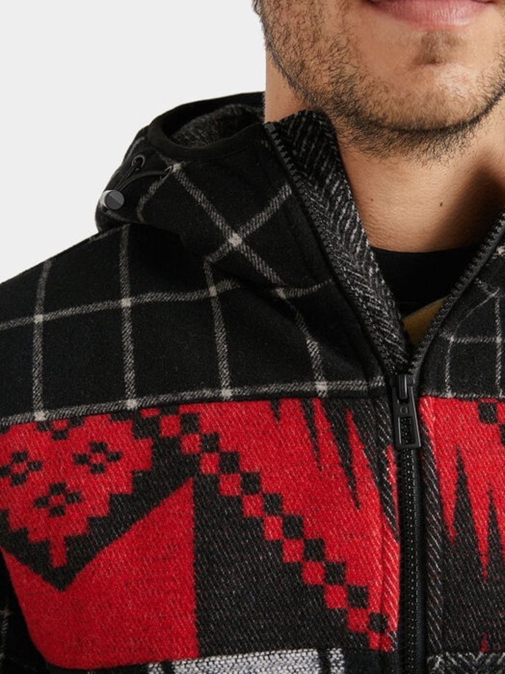 Desigual | Wool Blend Black Red Patterned Hooded Aztec Inspired Zip-Up Jacket S - Picture 3 of 15